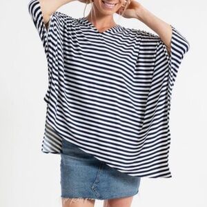 Yana K Poncho Double Edge Stripe V Neck Top - Navy